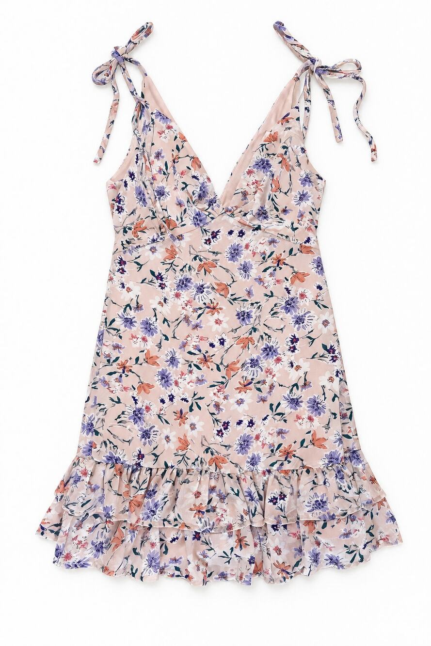 PINK LILY Womens Small Floral Tie Strap Tiered Ruffle Hem Mini Dress Blush Pink